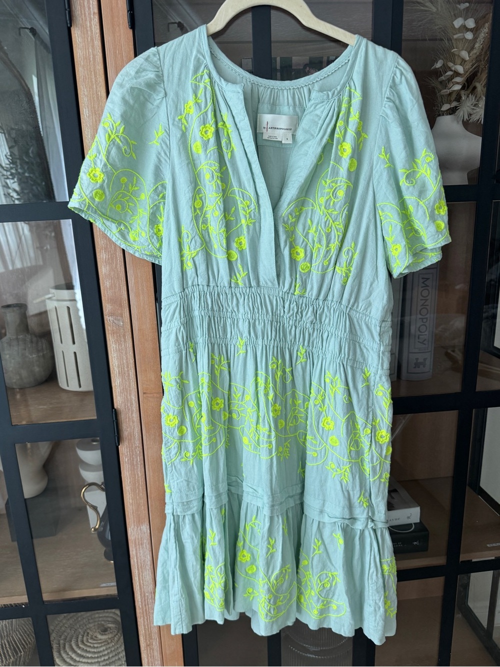 Anthropologie The Somerset Mini Dress Embroidered Linen short sleeve splice mint